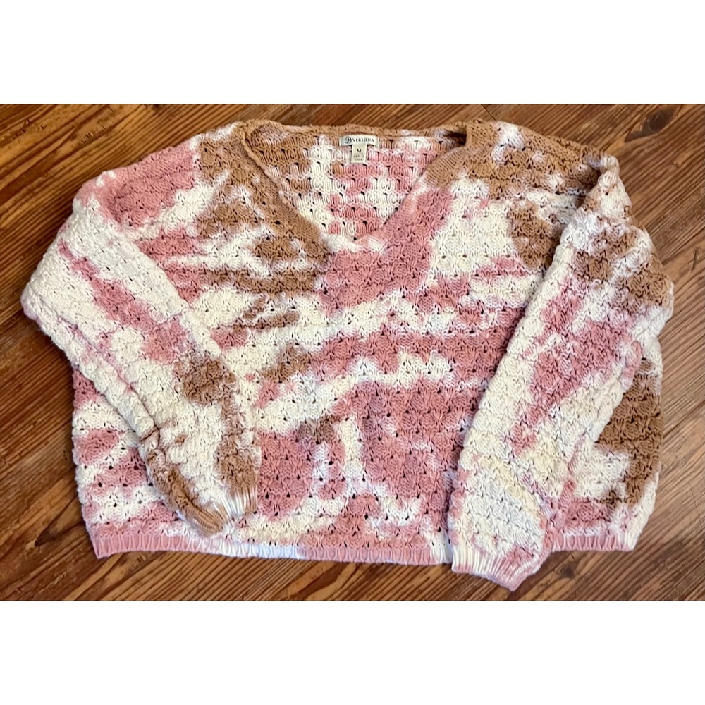 Versona Womens Pink Tan Tie Dye Chunky Open Knit V-Neck Sweater Size Medium